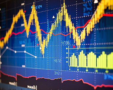 Aktienkursverlauf mit steigenden und fallenden Linien dargestellt.